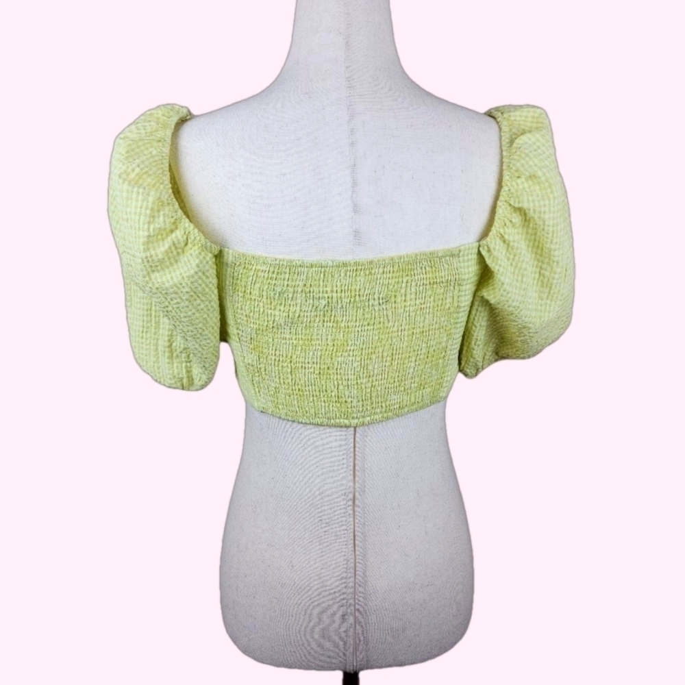 New Zara Gingham Cotton Puff Sleeve Tie Knot Front Smocked Cropped Bra Top Small - Picture 6 of 12